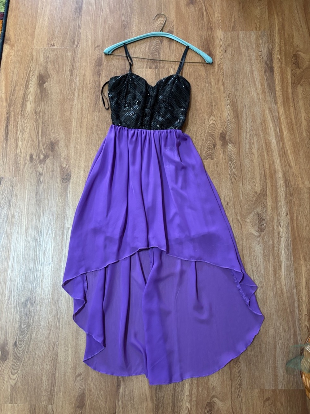 Junior purple and black hi lo dress. Black has sequins. Spaghetti straps